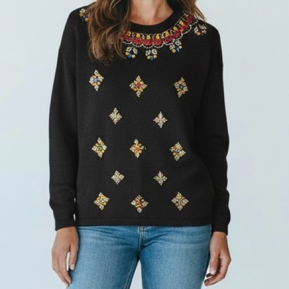 VTG 80s 90s Black Beaded Sweater Size Large Jeweled Embellished Statement Glam